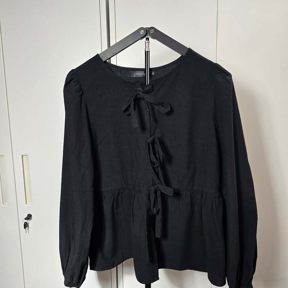 Zesica Women's Long Sleeve Tie-Front Peplum Blouse Black Medium